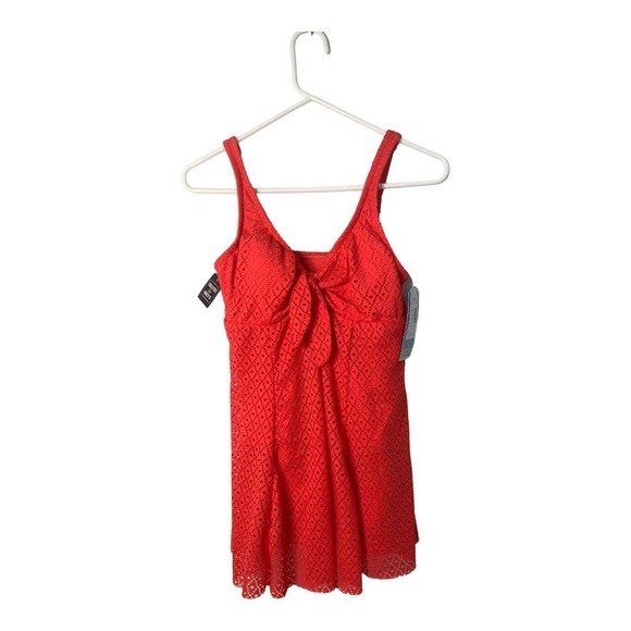 Swim Solutions Coral Crochet Bow‎ Front Tummy Control Swimdress NWT Sz 12 - Picture 2 of 7
